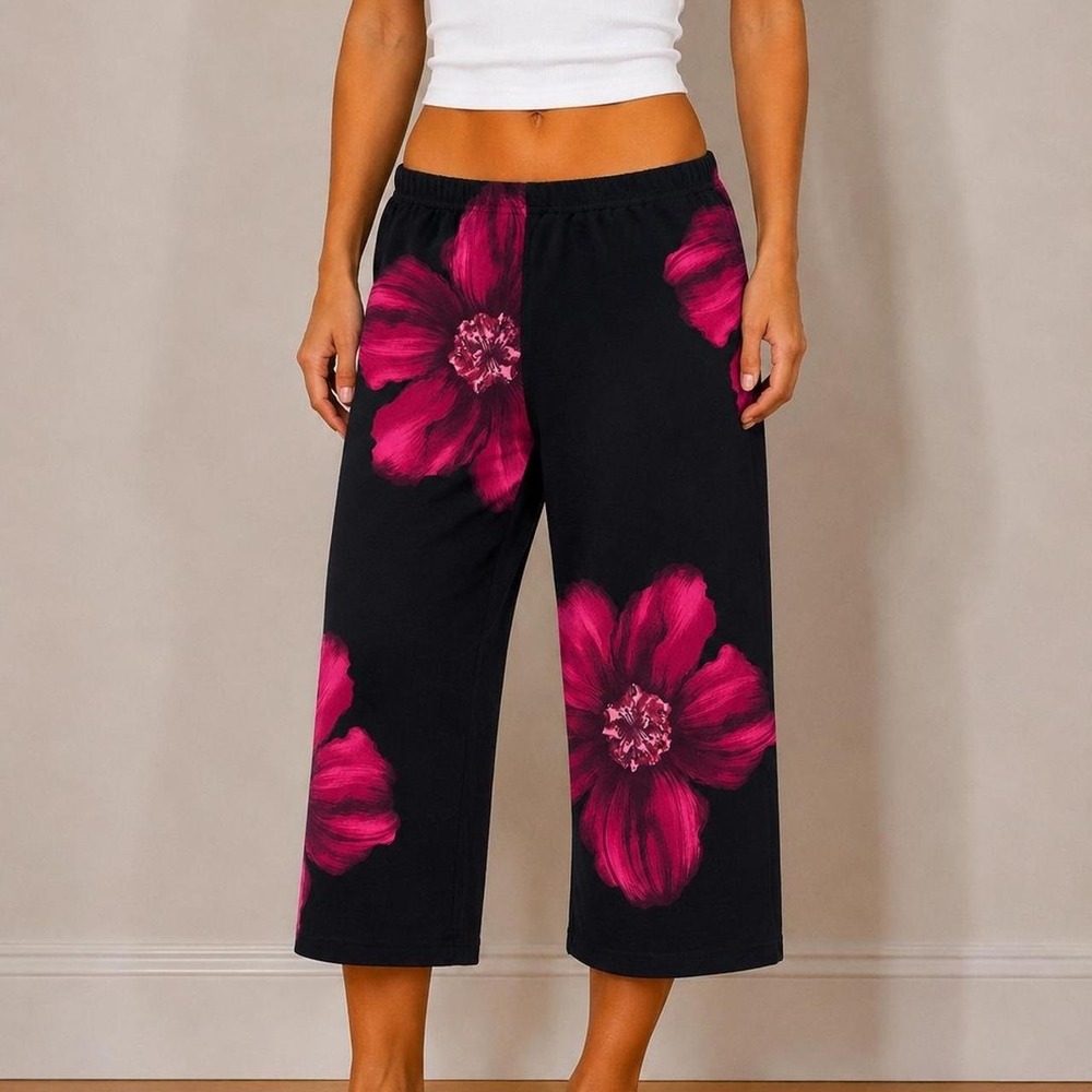 Vintage Y2K Floral Capri Pants Fuchsia Flower Women M Coquette Fairy Boho Artsy